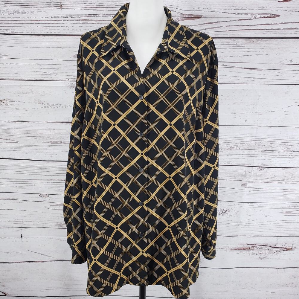 Maggie Barnes Black Golden Brown Button Up Long Sleeve Top Size 24W